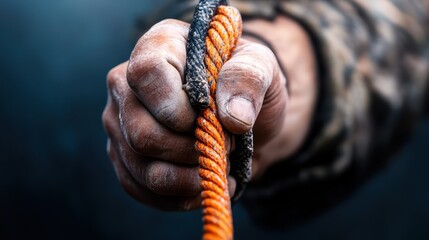 A close-up image of a callused hand tightly gripping a textured rope, emphasizing strength, hard work, and determination while evoking the spirit of resilience and labor in human experience.