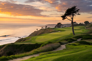 Scenic Oceanfront Golf Course at Sunset with Dramatic Sky