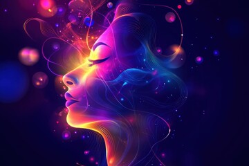 Abstract face background with colorful glowing lines on dark blue purple gradient, vector illustration, vector art, flat design, smooth curves, blurred edges Generative AI