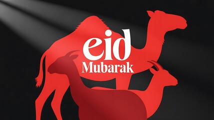 Red eid mubarak greeting card featuring camel and goats on a black background art