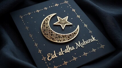A close up of an eid al adha card with a gold moon and star on a dark background
