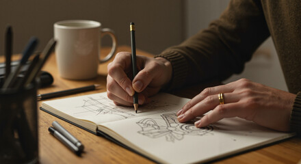 Person sketching in notebook while sitting at wooden table  