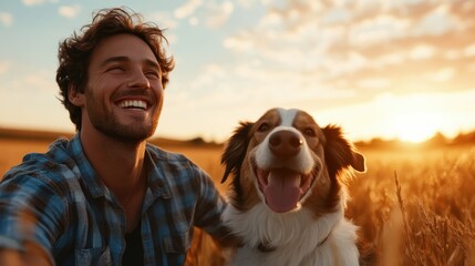 A joyful moment captured at sunset, featuring a smiling man with his dog in a golden field, symbolizing friendship, loyalty, and the beauty of nature in human-animal bonds.