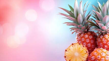 Fototapeta premium Three ripe pineapples are beautifully arranged against a vibrant pastel background, highlighting their tropical essence and fresh appeal ideal for food and wellness themes.