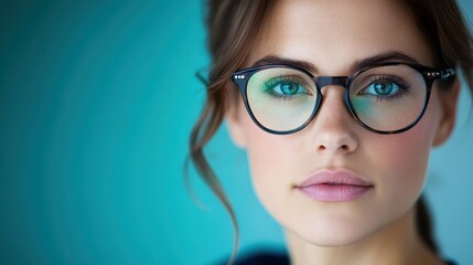 Fototapeta premium A striking close-up of a woman wearing stylish glasses against a vibrant background, showcasing confidence and clarity in modern beauty.