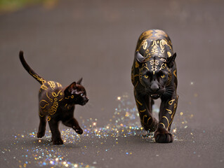 Magical Black Kitten Surrounded by Glowing Gold Dust Particles