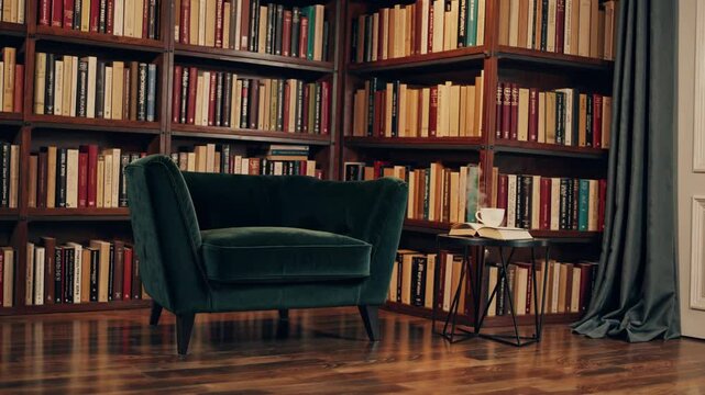 Elegant library corner with green velvet armchair, wooden bookshelves and wine glass


