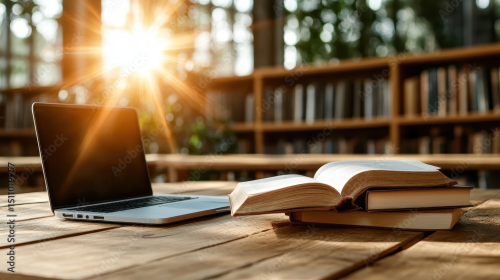 Poster a neat study area featuring an open book and a sleek laptop on a wooden table, illuminated by warm s