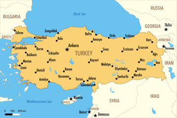 Fototapeta premium Vector Map of Turkey (Turkiye) with Major Cities and Neighboring Countries – Editable Illustration
