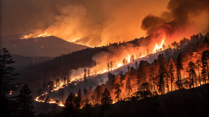 Raging Forest Wildfire Destroying Trees at Sunset, Climate Change Concept