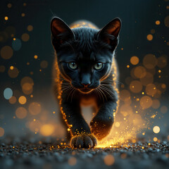 Mystical Black Cat Walking with Golden Sparkles and Bokeh