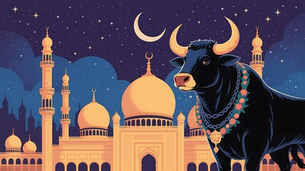 Illustration of a bull with a mosque in the background under a starry night sky