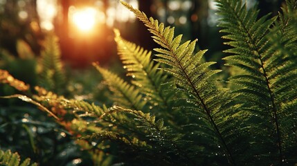   Green plant illuminated by sunlight behind trees
