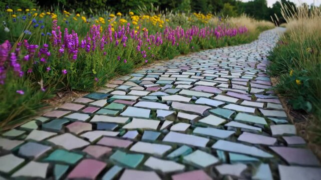 Mosaic tile path winding through wildflower meadow and tall grasses

