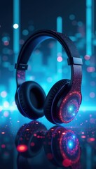 Stylish wireless headphones with a cosmic design, surrounded by vibrant blue lights, creating a futuristic atmosphere perfect for music lovers.