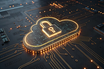 Cloud Data Security Concept with Digital Lock and Circuit Board Background