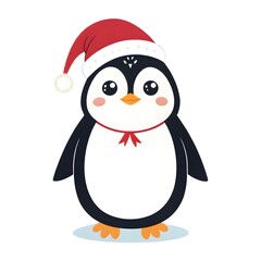 Fototapeta premium Cute Cartoon Penguin Wearing Christmas Santa Hat on Transparent Background PNG File