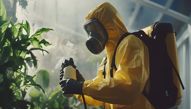 Pest control worker spraying insecticide. Professional exterminator in protective suit handles garden plants. Man with sprayer fights insects on backyard plants. Disinfection, deratization service.