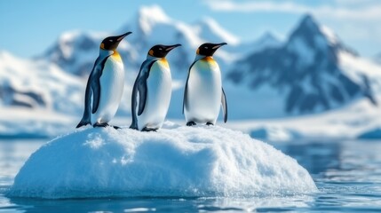 Fototapeta premium Three charming penguins stand upright on an iceberg against a backdrop of majestic snowy mountains, showcasing the beauty of wildlife in polar regions.