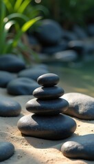 Obraz premium Serenity captured in a balanced stack of smooth, black stones beside a tranquil water surface, surrounded by lush green foliage.