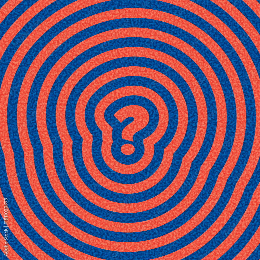 Poster centered question mark over blue and red concentric ripple waves. vector illustration with a curious