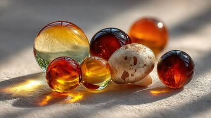   A collection of varied-colored marbles resting atop a white background, with a shadow cast beneath