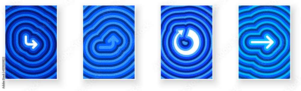 Poster collection of blue arrow symbols with ripple patterns for navigation and direction. vector illustrat