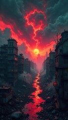 Distorted cityscape consumed by swirling, ominous shadows, fiery skies bleed into a nightmarish landscape A surreal, unsettling vision of urban decay and impending doom , gothic, fear