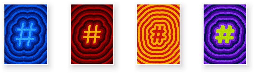 Four colorful hashtag symbols over vibrant concentric ripple backgrounds.