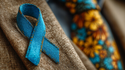 Blue ribbon pin on lapel with liver-shaped foliage, symbolizing hope and awareness for World Hepatitis Day