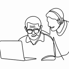Senior learning computer with help in minimalist line art
