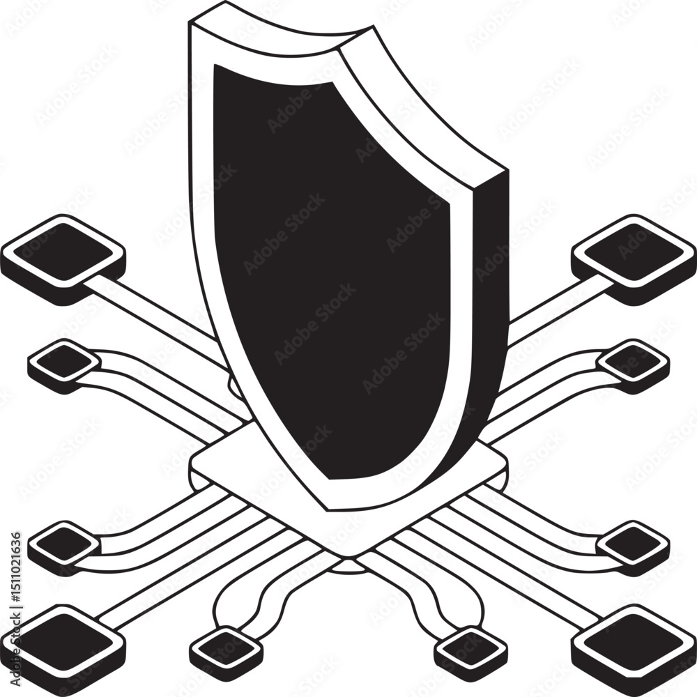 Poster isometric illustration of a shield on a chip with connected square nodes