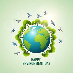 Naklejka premium World Globe Surrounded by Trees and Birds for Environment Day Celebration