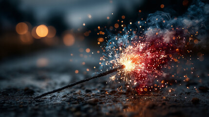 Red and blue sparklers glow with golden embers, soft fireworks in the distance. Celebrating Fourth of July with vibrant lights and vintage charm.
