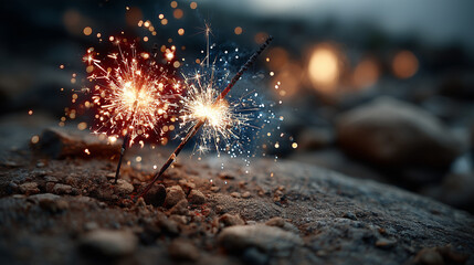 Red and blue sparklers glow with golden embers, soft fireworks in the distance. Celebrating Fourth of July with vibrant lights and vintage charm.