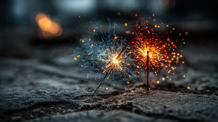 Red and blue sparklers glow with golden embers, soft fireworks in the distance. Celebrating Fourth of July with vibrant lights and vintage charm.