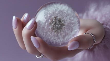   A person holding a dandelion against a purple background