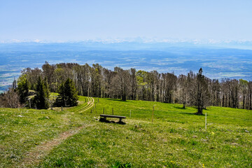 Weissenstein, Hausberg, Aussichtspunkt, Wanderweg, Holzbank, Röti, Hasenmatt, Mittelland, Jura, Kalkfelsen, Aare, Fluss, Landwirtschaft, Frühling, Alpenpanorama, , Solothurn, Schweiz