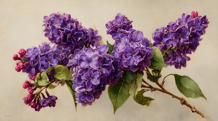   A painting of purple lilacs on a branch with green leaves in front of a white wall against a white background is optimized as Purple lilacs on a branch with green