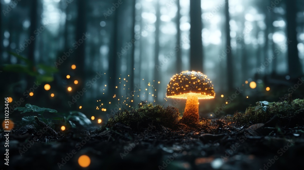 Poster a stunning close-up of a glowing mushroom surrounded by ethereal light, nestled within a mystical fo