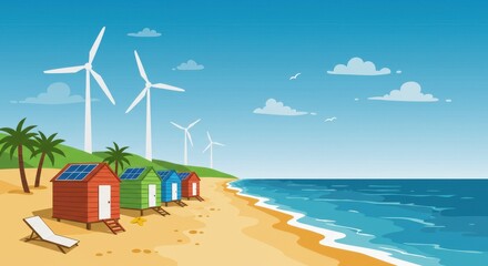 Obraz premium Bright beach huts under a clear sky with wind turbines create a serene coastal vibe