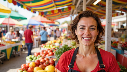 Joyful market experience with vibrant produce, celebrating community life