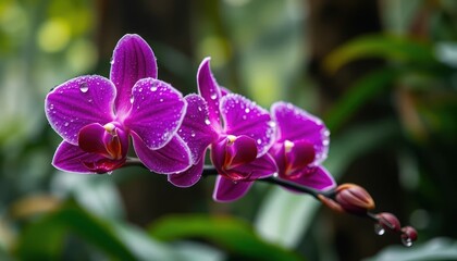 Elegant purple orchid blooms adorned with glistening droplets of fresh water
