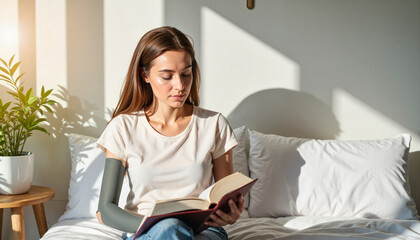 Obraz premium Young woman reading peacefully in modern bedroom, embracing tranquility