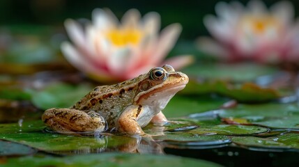 Obraz premium Frog on Lilly Pad in Pond with Water Lilies and Pink Flower