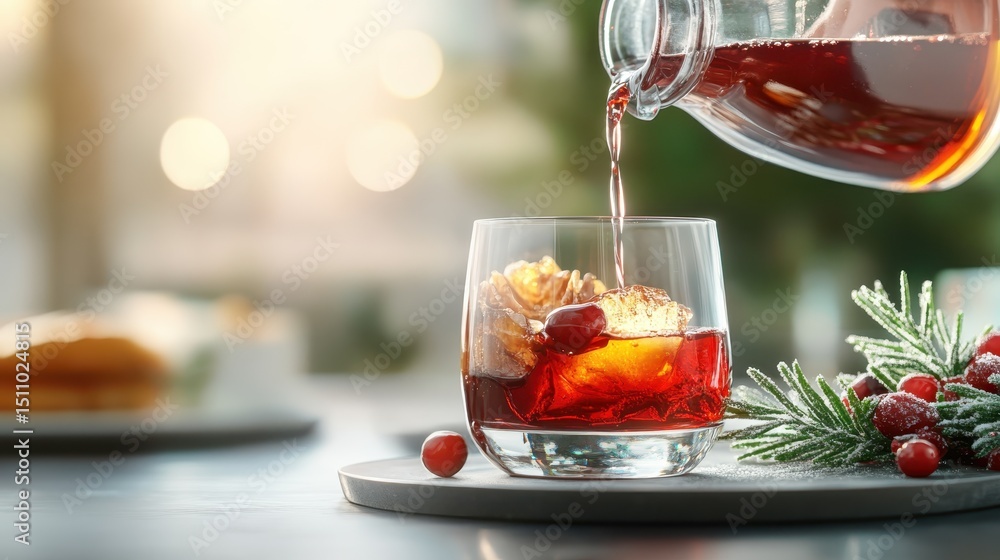 Poster a refreshing beverage is being poured over ice cubes in a clear glass, illuminated by soft light, cr