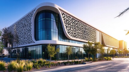 Fototapeta premium Modern building with intricate facade and landscaping