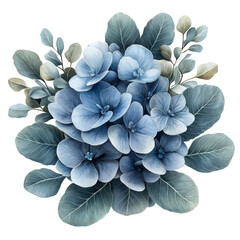 Elegant Hydrangea Bloom Artwork with Delicate Blue Petals and Lush Foliage