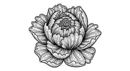 Obraz premium Detailed black and white illustration of a blooming flower with leaves 