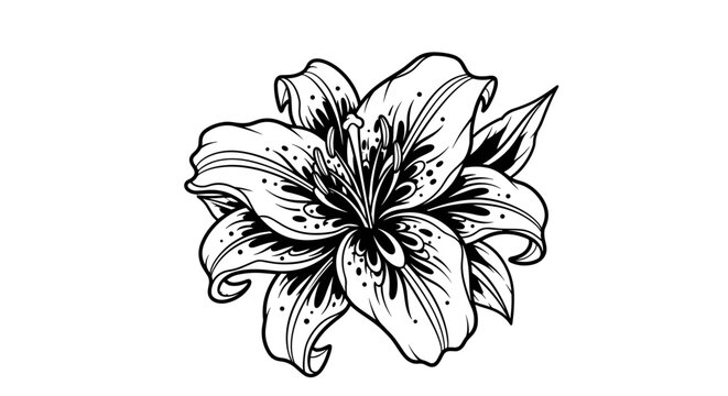 Black and white illustration of a detailed lily flower  